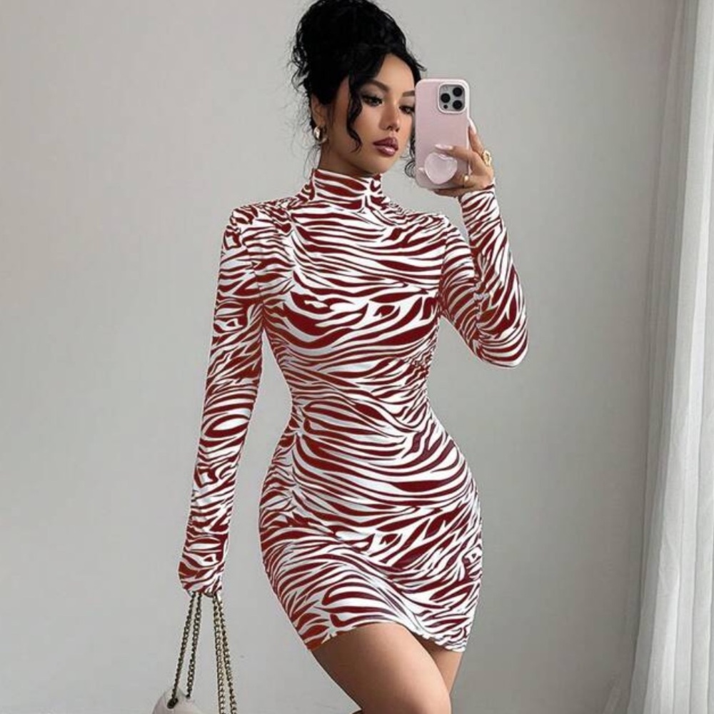 High Neck Long Sleeve Zebra Bodycon Dress in White & Burgundy - Picture 4 of 6